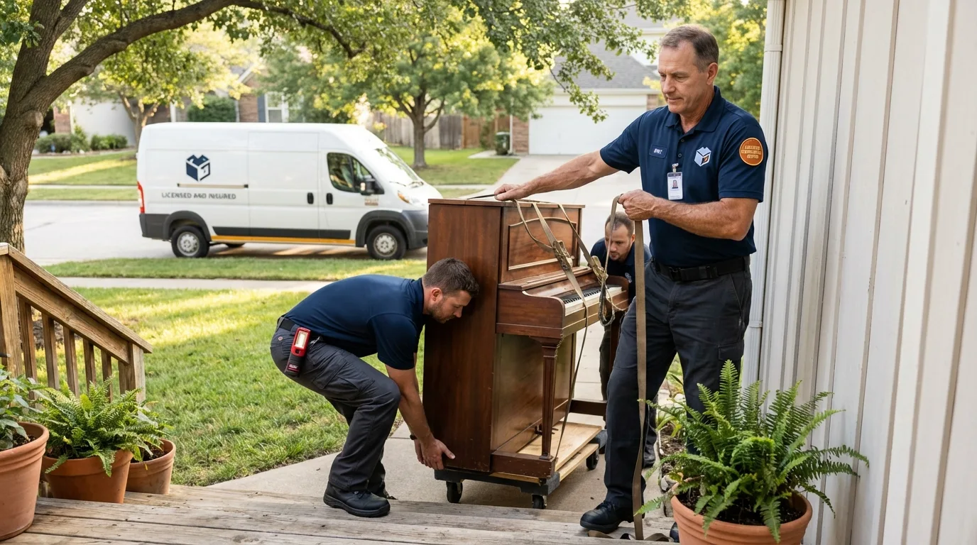 Licensed piano movers securing grand piano in Kingsland, GA