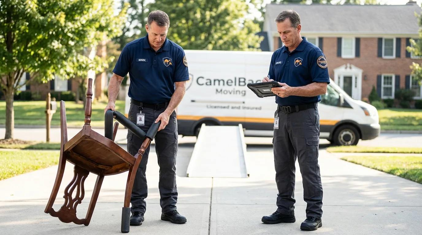 Movers inspecting furniture for damage prevention before loading in Kingsland, GA