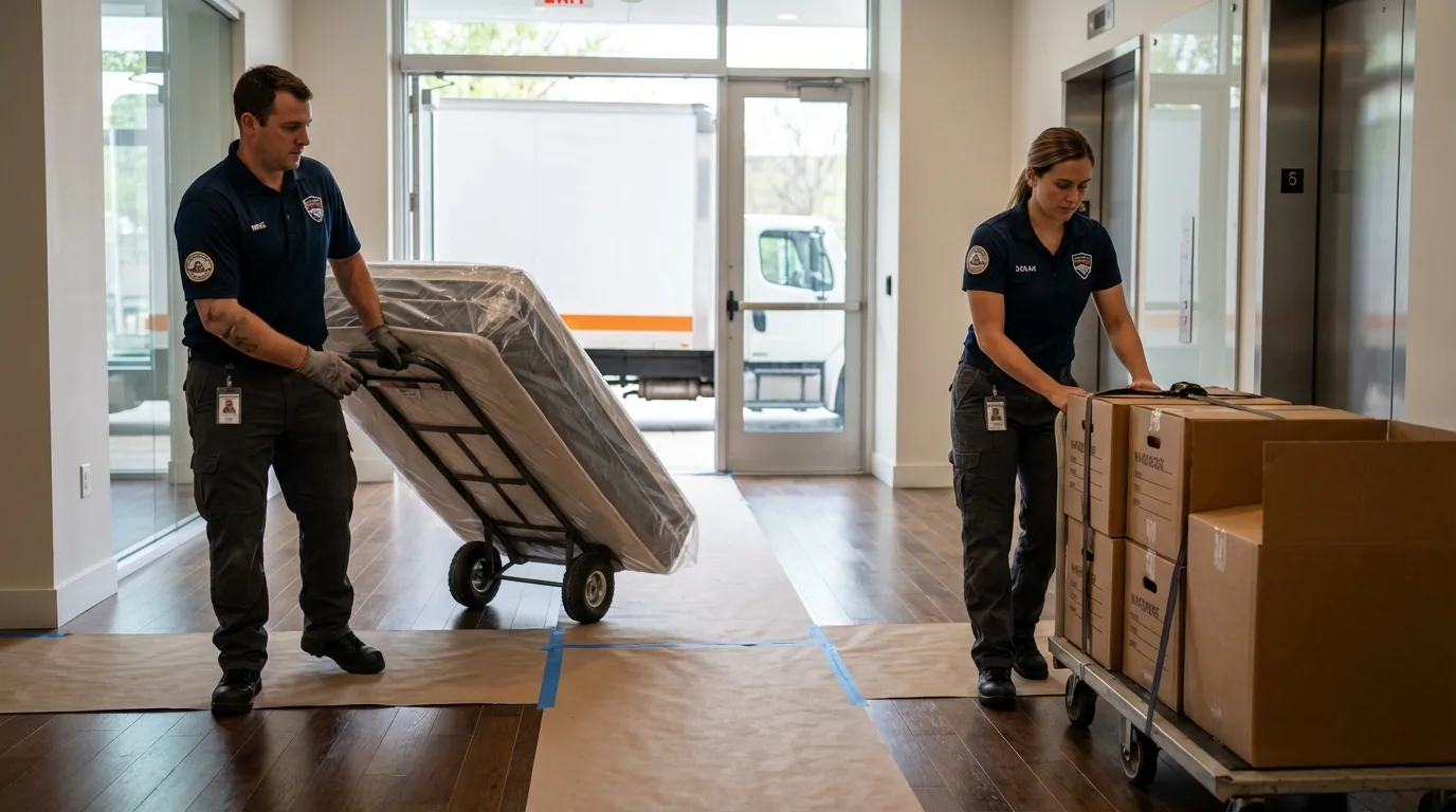 Professional apartment movers loading elevator in Kingsland, GA
