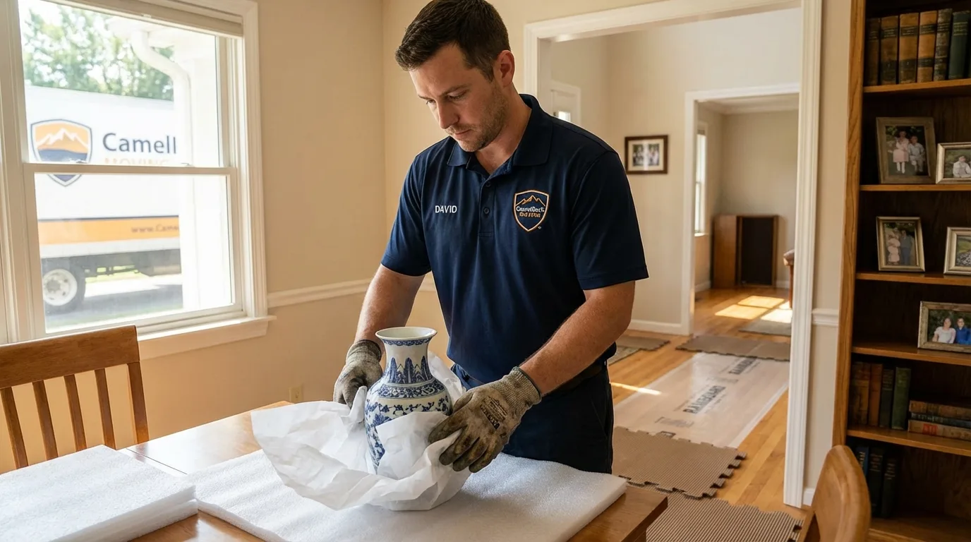 Professional crew carefully wrapping antique vase for senior downsizing move in Kingsland, GA